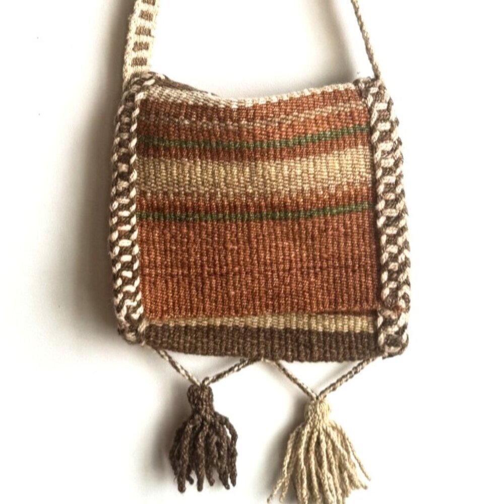 Vintage Woven Peru Wool Earth Tones Square Messenger Crossbody Bag